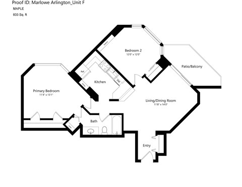 Floor plan for 2 beds, 1 bath, 833 sqft